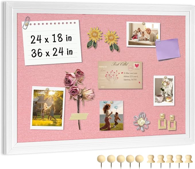 Large Wood Framed Cork Board with Linen, 36" x 24" (Pink) | Hanging Bulletin Board, Picture Display Vision Board Kit Corkboards for Wall Room School Office Decor, 10 Pushpins