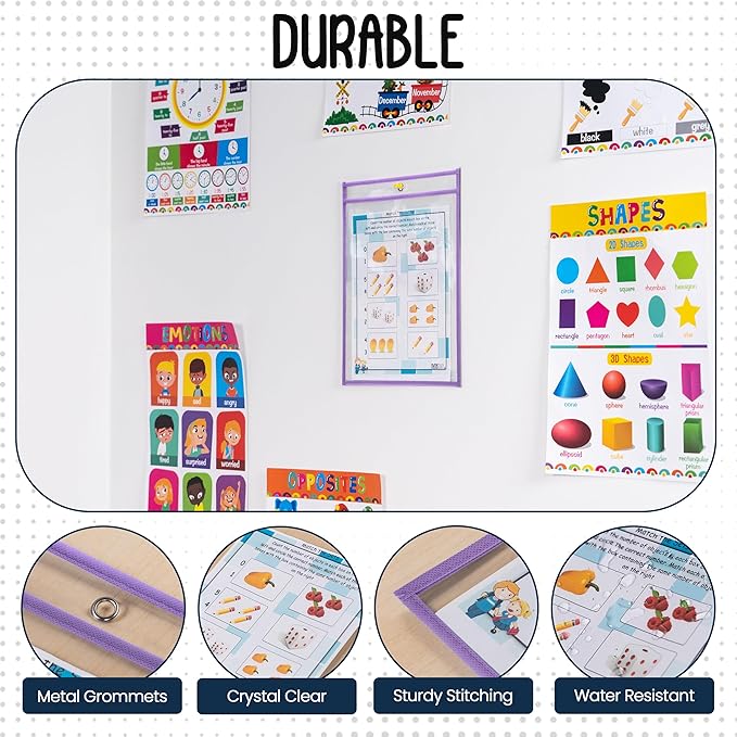 Essex Wares - 6 Pack, Light Purple, Water-Resistant Dry Erase Pocket Document Protectors, 10" Wide x 13.5" Tall - Dry Erase Clear Plastic Sleeves - Reusable & Easy Erase Plastic Invoice Holders