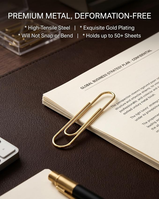 80 Count Gold Paper Clips, 2 Inch Large Smooth Metal Office Clips | Rust-resistant gold metal clips with a smooth, snag-free finish. Ideal for office document organizing, wedding crafts & DIY