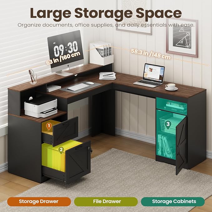 MALOL 63" Farmhouse L Shaped Executive Desk, Corner Computer Desk with Drawers & Storage Shelf, Home Office Desk with Power Outlet, Monitor Stand, Wood Grain Desktop, Black & Rustic Brown