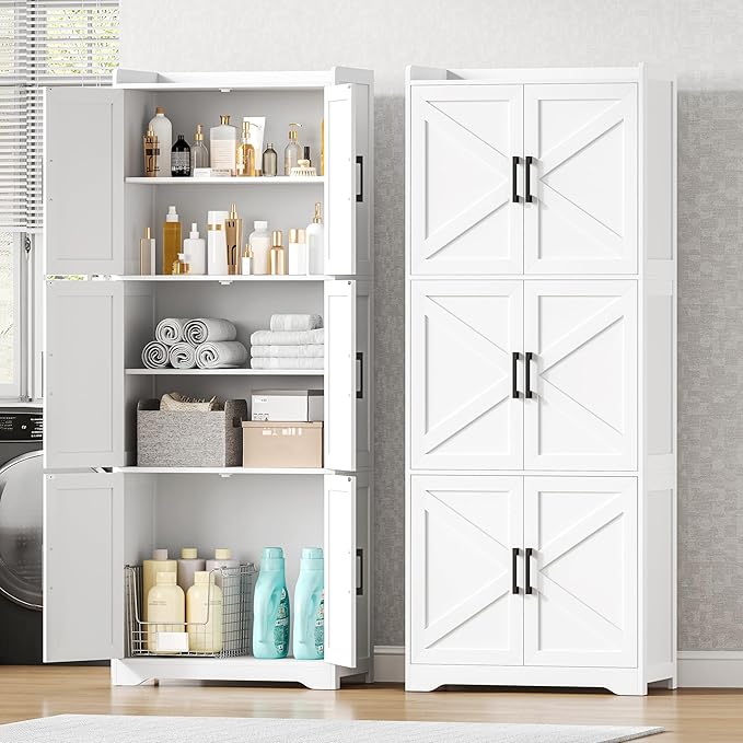 Tall Bathroom Storage Cabinet, Bathroom Floor Cabinet with 6 Barn Doors, 11.6''D x 22.6''W x 60.2''H, Adjustable Shelves, Linen Pantry Cabinet, for Kitchen Living Room, Entryway, White