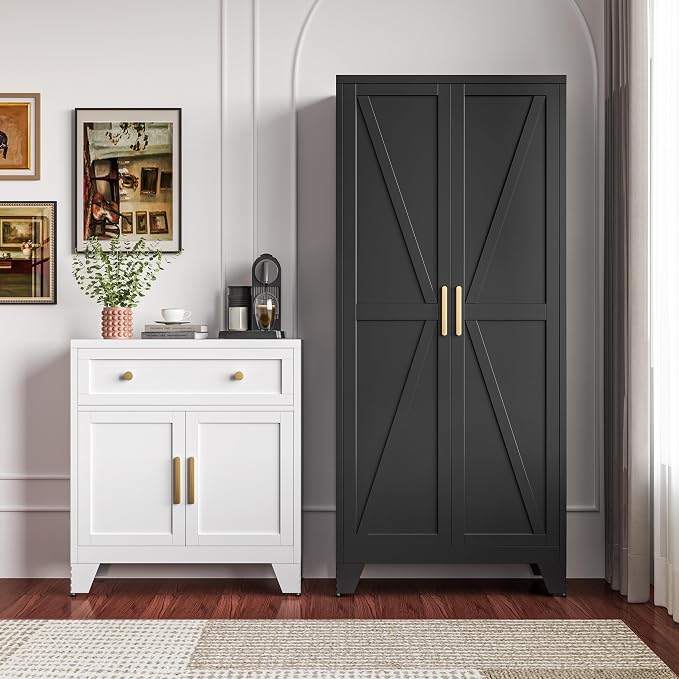 QINPTWUT 71" Metal Storage Cabinet with Doors and Shelves, Tall Pantry Cabinet in Black with 2 Doors & 4 Adjustable Shelves, All-Steel Farmhouse Cupboard for Kitchen, Living Room,Home Office,Garage