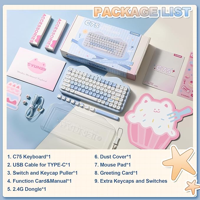 YUNZII C75 Wireless Mechanical Keyboard,75% Layout, Hot-Swappable NKRO,BT5.0/2.4G/USB-C Mode,Dye-Sub PBT MOA Keycaps,RGB Gasket Mount,Cute Cake Design for Mac/Win/Gaming (Blue, Milk V2 Switch)