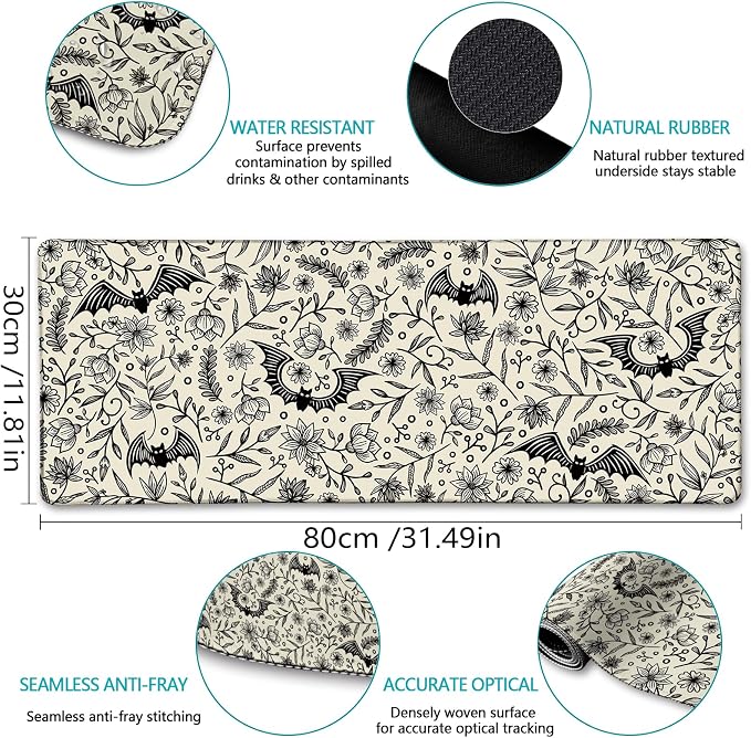 LIMKRIAN Bat Mouse Pad, Large Gaming Desk Mat, 31.5 x 11.8 in Gothic Decor | Stitched Edges, Non-Slip, Computer Keyboard Pad Mat for Work, Gamer, Office, Home, Desktop, Goth Desk Accessories for Women