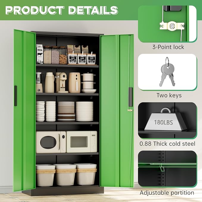 Metal Storage Cabinet,72" Steel Lockable File Cabinet with Locking Doors and Adjustable Shelves,Locking Tool Cabinets for Office,Home,Garage,Gym,School (Black Green)