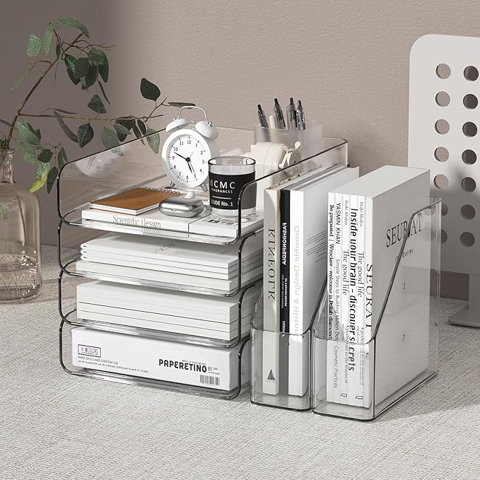 4-Tier Acrylic Paper Tray Organizer | Clear Stackable Desk Organizer for Documents, Letters, A4 Paper | Modern Office/Classroom/Home Organization,Clear