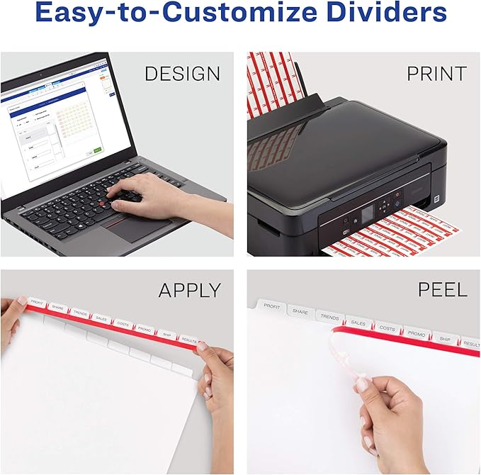 Avery 8 Tab Dividers for 3 Ring Binder, Easy Print & Apply Clear Label Strip, Index Maker Customizable White Tabs, 5 Sets (11437)