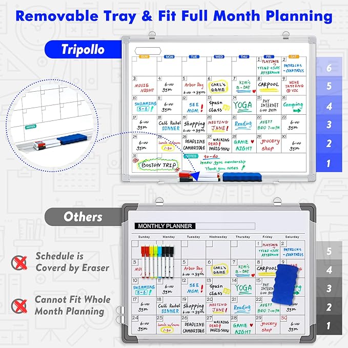 Dry Erase Calendar Whiteboard for Wall, 24" x 18" Magnetic Monthly White Board Calendar Dry Erase, Wall Hanging Aluminum Frame with Tray for Home, School, Office