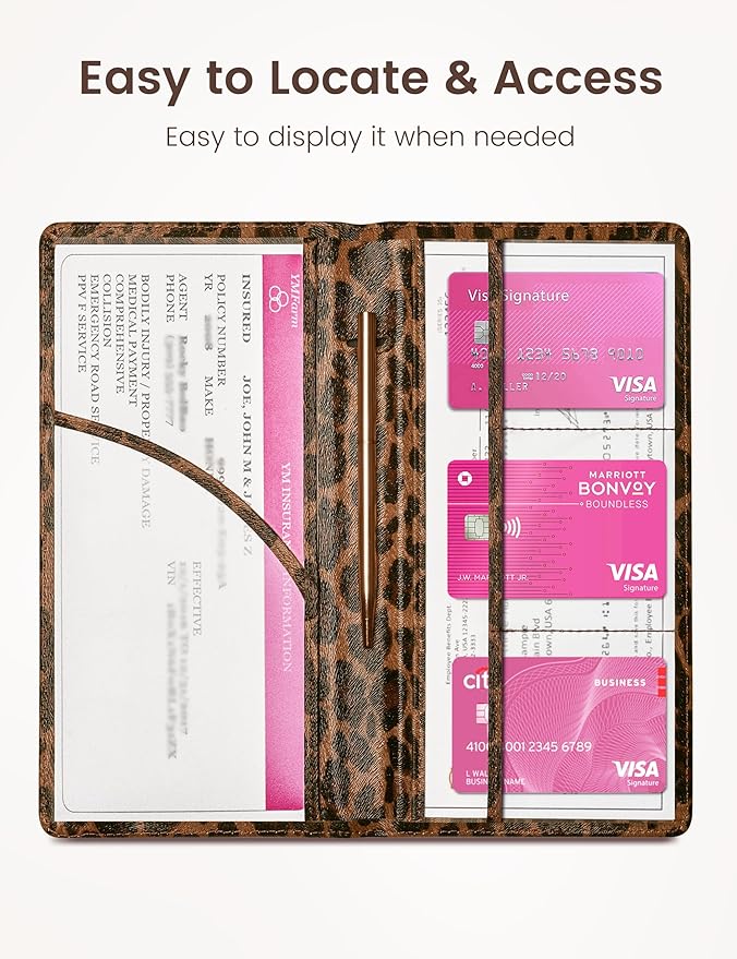 Yarnic Leopard Car Registration and Insurance Holder, Car Document Holder with Magnetic Closure, Car Organizer Vehicle Glove Box Compartment Organizer, Car wallet Case for Teens Men Women