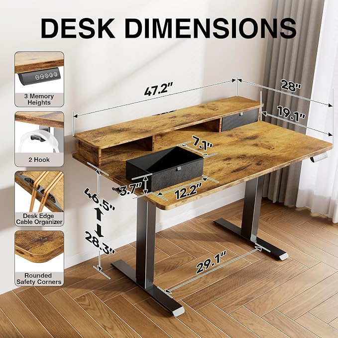Veken 47x28 in Electric Standing Desk with Drawers, Adjustable Table, Brown | Stand up Computer Desk for Home Office, Work & Study, with Storage, 3 Memory Presets, Cable Organizer, Hook, and Quiet Lift.