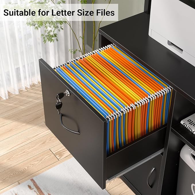 Vertical Filing Cabinet with Bookshelf for Home Office, Black | File Cabinet with Shelves, Lock & Charging Station, Drawer Office File Cabinets with Printer Stand, fits Letter Size