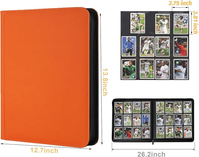 12 Pocket Ringless Side Loading Trading Card Binder, 720 Cards PU Fixed Page Zipper Card Album for TCG Sports Game Cards, Not Fit Top Loaders (Orange)