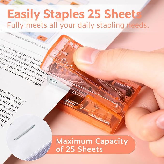 NUSIGN Mini Stapler with 830 Staples, Small Cute Desk Staplers, 25 Sheet Capacity, Clear Orange