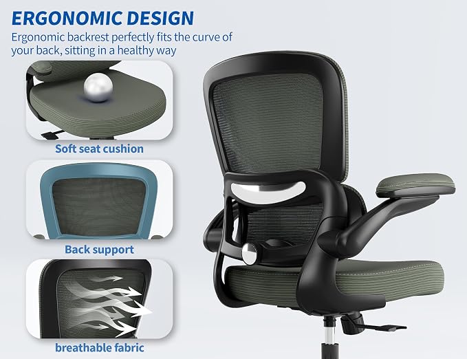 TRALT Ergonomic Office Chair Desk Chair with Adjustable Lumbar Support | Desk Chair Comfy with Flip-up Armrests Ergonomic Chair - Mesh Computer Chairs for Adults, 330lbs, PU Leather (Dark Green, 1)