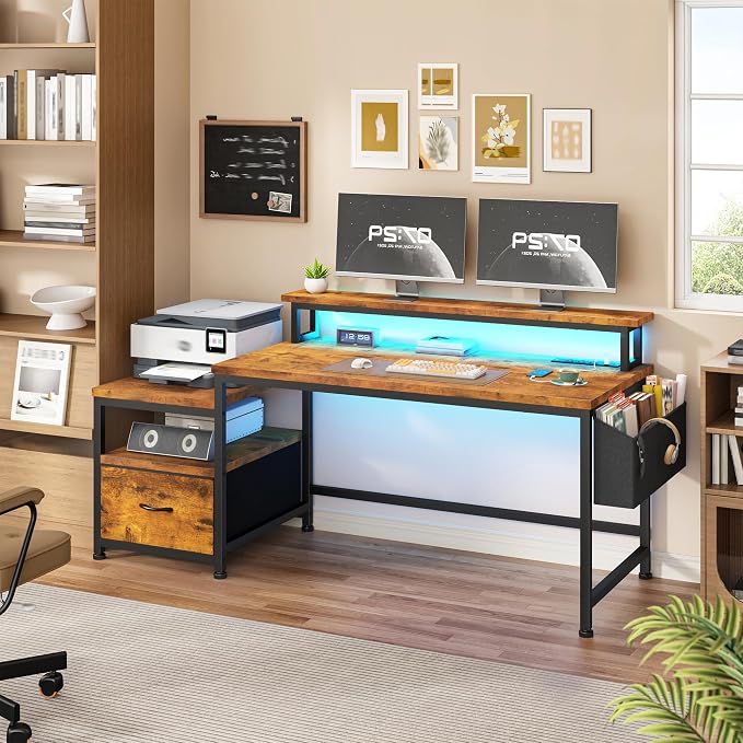 EnHomee 56.5" Office Desk with Drawers & Printer Space for Home Work,Brown | Computer Desk with 3 AC Outlets& 2 USB Ports,Waterproof LED Strip Lights,Monitor Stand & Side Pockets,Home Office,Bedroom