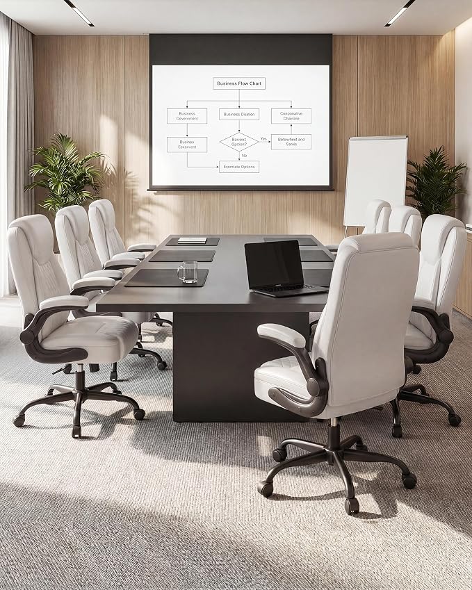 COMHOMA Mid-Back Office Chair, Ergonomic PU Desk Chair with Flip up Arms, Small Computer Gaming with Comfy Lumbar Support,Rocking Function,Sturdy Metal Base, White