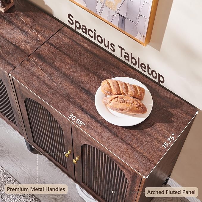 IFGET 92.63" W Modern Arched Sideboard Buffet Cabinet with Storage, Brown | Fluted Arch Sideboard Cabinet w/Adjustable Shelves, Wooden Modular Kitchen Cabinet for Dining& Living Room, Entryway