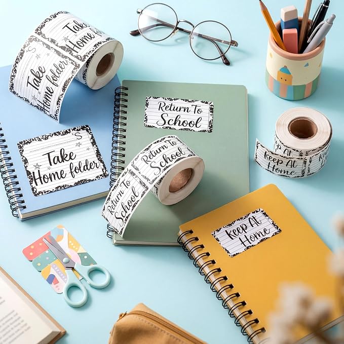 600 Pcs Take Home Return to School Labels,Composition Notebook | 3 Rolls Thermal Printed, Student Homework Folder Stickers, Keep at Home Label, Classroom Office Organization