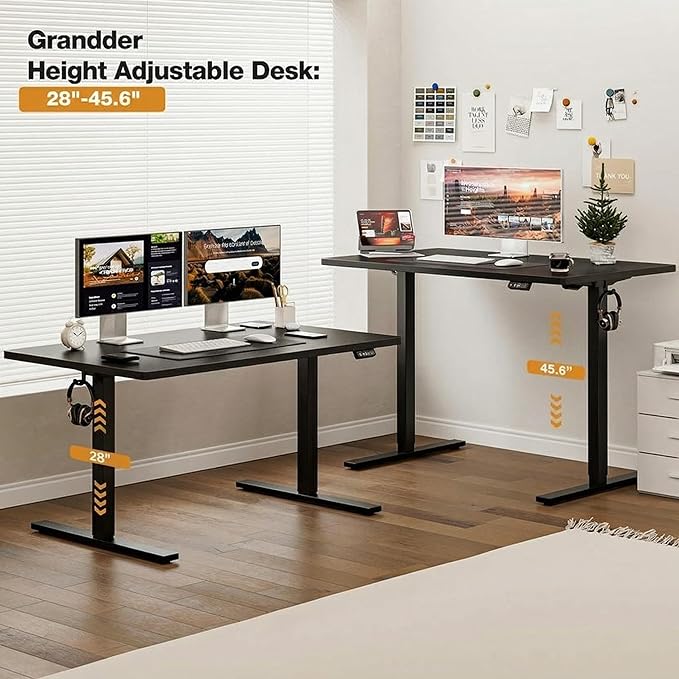 Grandder 55x32 Large Electric Standing Desk, Height Adjustable Computer Desk with 2 Memory Presets, 31.5" Deep Desktop Sit Stand Desk Home Office Desk Workstation Table with Hooks, Black