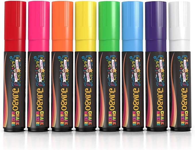 CHALKY CROWN Jumbo Liquid Chalk Markers - Bold Colors - 8 Pack, 15mm | Extra-Wide 15mm Reversible Square Tip for Bold Signs & Posters - Bright Assorted Colors for Chalkboards & Glass