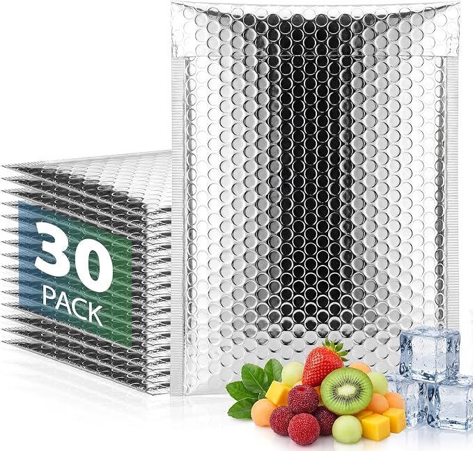 30 Pack 8 x 11 Inch Insulated Bubble Mailers, Silver | Self Seal Closure, Foil Lined Interior, Padded Cushioning, Waterproof, Cold Delivery Packing, For Food And Cosmetics