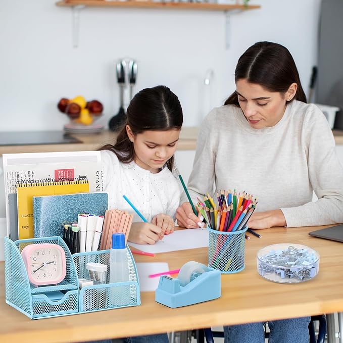 13-in-1 Office Desk Organizer Set for Back to School Supplies Accessories | Organizer Set with Stapler and Tape Dispenser, Pen Holder, Scissors, Ruler, Hole Punch, 2 Pens & More Desk Supplies