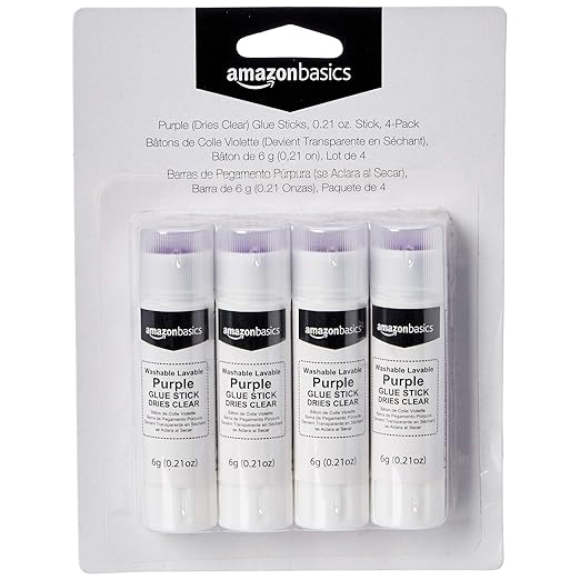 Amazon Basics Purple Washable School Glue Sticks for Classroom Supplies and DIY Art, Dries Clear, 0.21 oz Stick, 4-Pack
