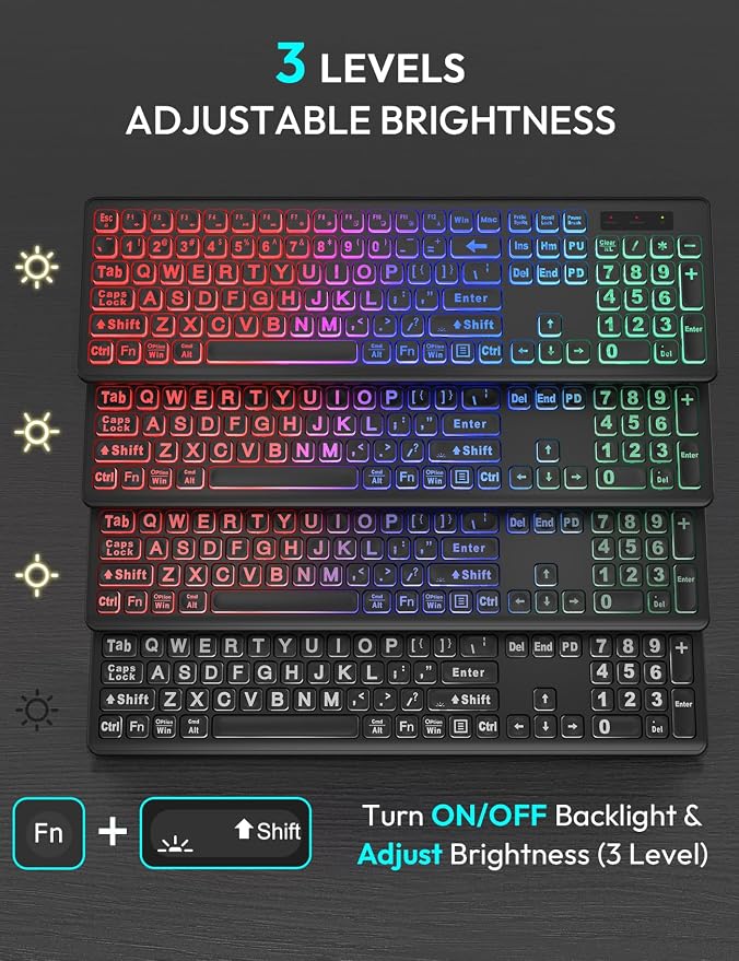 Wireless Keyboard and Mouse Combo with RGB Backlit, Rechargeable | Light Up Letters, Full-Size, Soft Typing, Sleep Mode, 2.4GHz Quiet Keyboard Set for Mac, Windows, Laptop, PC, Trueque KM42Pro