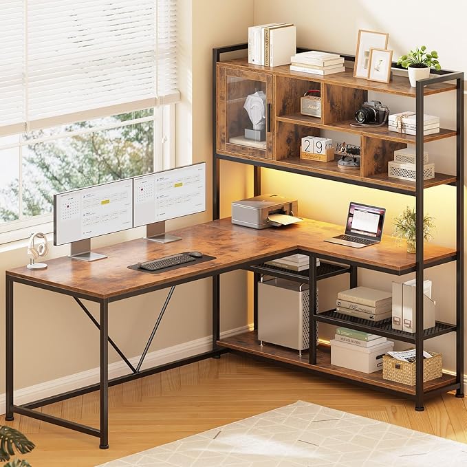 SEDETA L Shaped Computer Desk with Storage Shelves, Bookshelf, Rustic Brown | 58'' Reversible Office Desk with LED Light, Glass Door Cubby, L Shaped Corner Desk for Gaming, Two Monitors, Small Space
