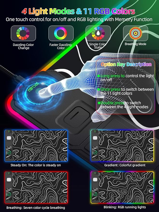 Mouse Pad with Foldable Phone Holder & Wireless Charger, XXL RGB Gaming Mousepad 31.5"x15.8" Large Desk Mat for Keyboard, 11 Colors 5 Modes