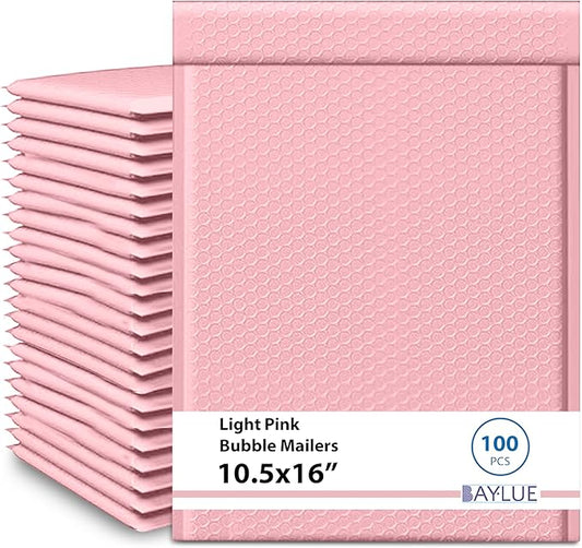 Light Pink 10.5x16 Inch Poly Bubble Mailers #5 | Self Seal Large Padded Envelopes Air Cushioned Bubble Mailer | Usable Size 10.5x15 Inch | Waterproof Lightweight Mailing Shipping Bags | 100 Pack Bulk