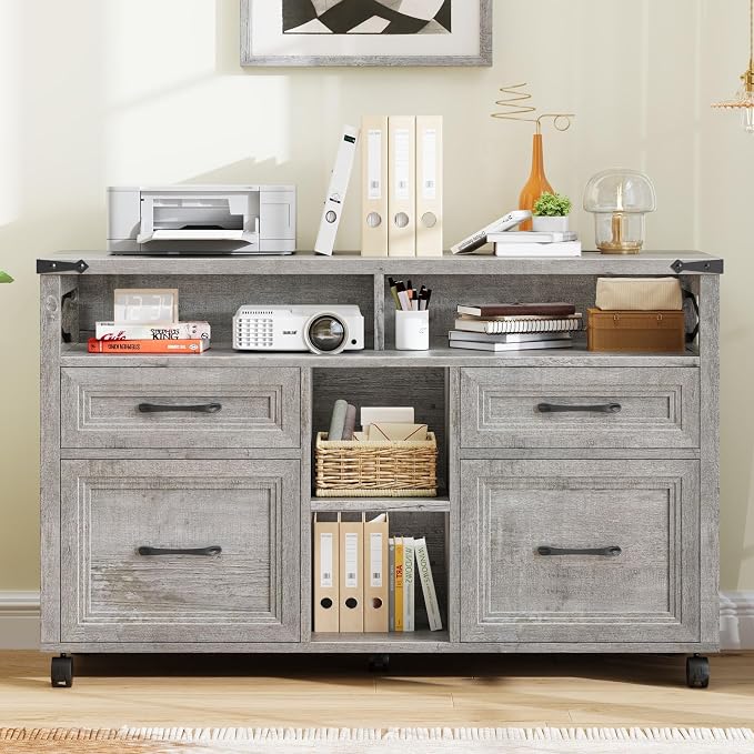 Halitaa Farmhouse Filing Cabinet with Adjustable Shelf & Wheels, Grey | Lateral File Cabinets, Office Storage Cabinet with 4 Drawers, Open Storage Space, for Hanging Files A4/Letter for Home Office
