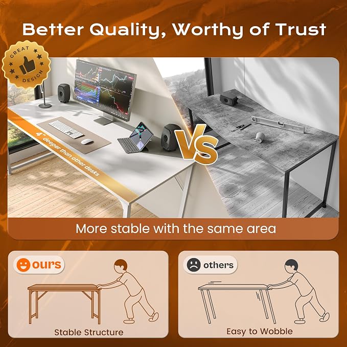 55 X 24 Inch Computer Desk with Deeper Desktop, Gaming Office Writing Work Desk for Home Office, Study, Bedroom, Work from Home, Metal Frame, White