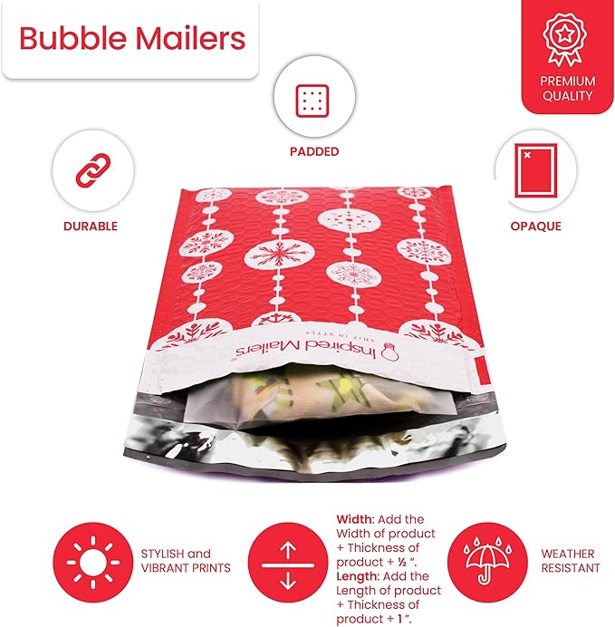 Bubble Mailers 6x9" - Red Snowflake Baubles with Writable Area - 10 Pack - Holiday Poly Padded Envelopes and Bubble Shipping Mailers