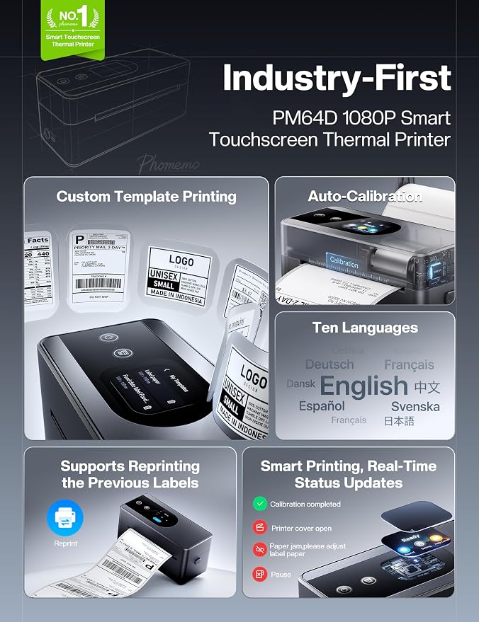Phomemo PM64D Thermal Label Printer with Label Holder & 500PCS 4X6 Labels | Upgraded Support Preset Label Template for Offline Printing, 10 Languages and One-Key Reprint for Small Business Logo Labels