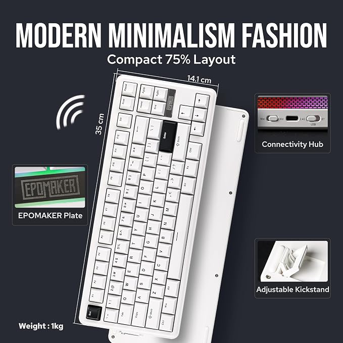 EPOMAKER TH85 QMK/VIA Wireless Gaming Keyboard, BT5.0/2.4GHz/USB-C | Hot-Swap Pre-lubed Custom Milk Blue Tactile Switches, Gasket Creamy Keyboard for PC/Mac/Office/Gaming (White)