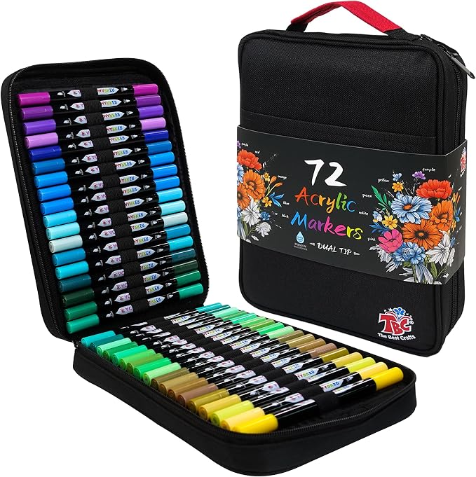 TBC The Best Crafts Acrylic Paint Markers, 72 Colors Dual Tip, Double Zipper Canvas Bag – Waterproof, Non-Toxic, Art Supplies for Canvas, Wood, Glass, Rock, Ceramic – Gift for Artists & Hobbyists