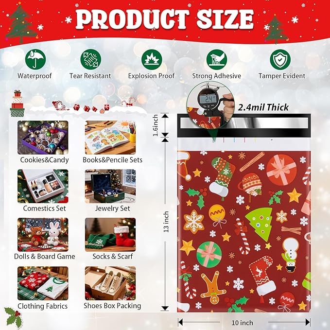 Oududianzi Christmas Poly Mailers 10x13, 100PCS Plastic Shipping Bags, Mailers Poly Bags for Shipping, Self-Seal Mailing Bags, Holiday Polymailers Packaging Bags for Small Business and Retail Stores