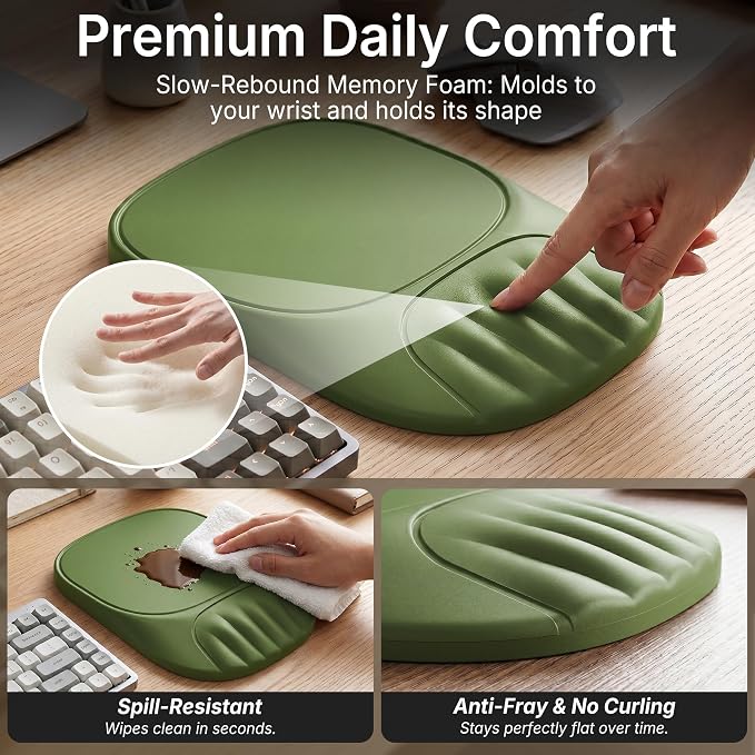 Ergonomic Mouse Pad with Wrist Rest, Sloped Memory Foam Mousepad with Wrist Support, Cooling Channels, Non-Slip Base, Smooth Lycra Surface for Office, Gaming & Home Desk (Sage Green)