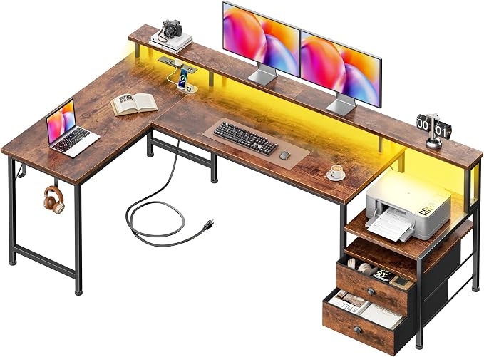Korfile 66'' L Shaped Computer Desk with Storage Drawers, Power Outlet, LED | Large Office Desk with Host Stand, Reversible Corner Design for Gaming, Work, Home Office, Study Room, Bedroom