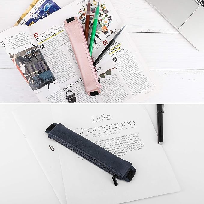 MoKo Elastic Pen Holder for Notebook, 2 Pack PU Leather Pouches | Zippered notebook pouch stores 3–4 pens and secures to hardcovers over 21 cm with an elastic strap; Gold Pink and Dark Blue.
