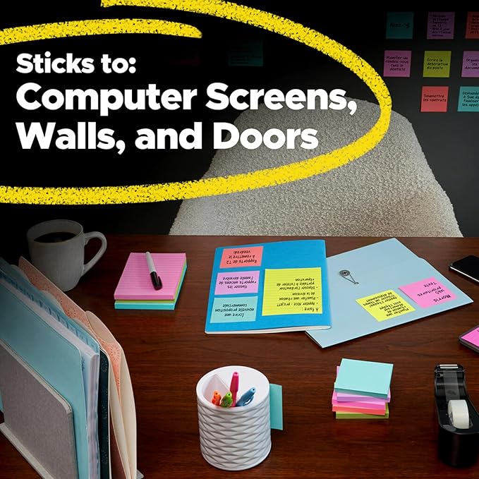 Post-it Super Sticky Notes,6 Lined Sticky Note Pads,4 x 4 in.,Ideal for Organization in Your Dorm,Home or Office,2X The Sticking Power,Supernova Neons Collection,(Pack of 12)
