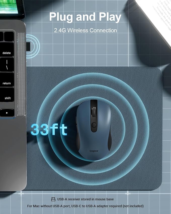 wegear USB Wireless Mouse for Laptop PC Mac, 2.4GHz Cordless Mouse-Blue | Ergonomic Portable Optical Computer Mice with 6 Buttons, 5-Level Adjustable 4000 DPI,24-Month Battery Life