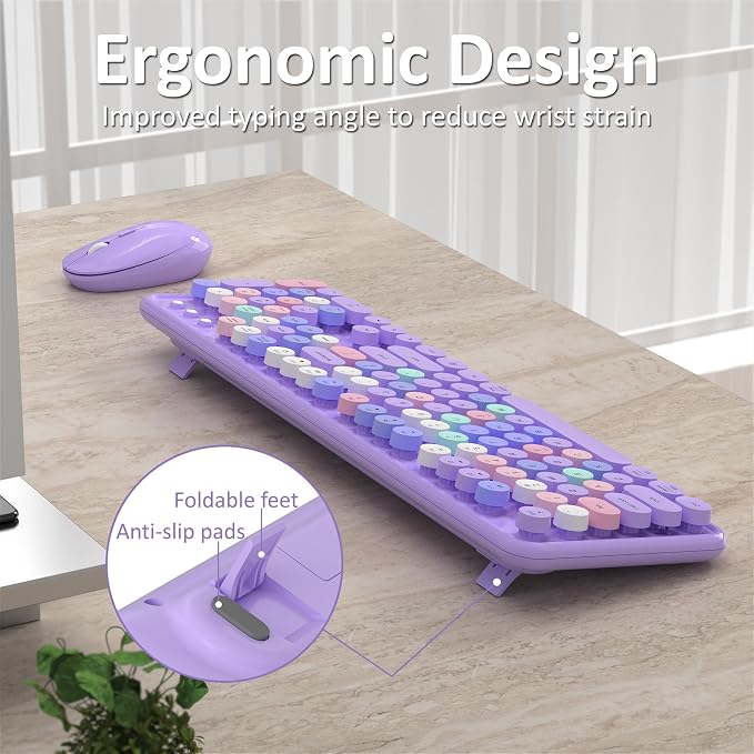 Links9+ Colorful Wireless Keyboard and Mouse Combo (Purple Colorful) | Full-Size Retro Typewriter Style Keyboard with Vintage Round Keycaps, 2.4G Wireless Set for Windows, Mac, Laptop, PC, Tablet