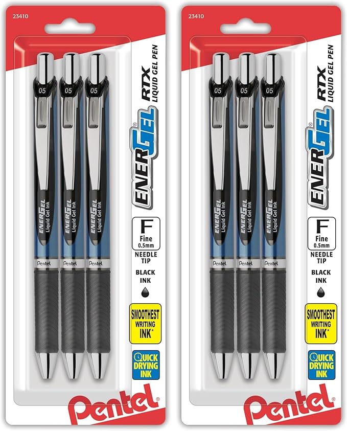 Pentel EnerGel RTX Retractable Liquid Gel Pen,(0.5mm),Fine Line,Needle Tip,Black Ink,(BLN75BP3A),3 Count (Pack of 2)