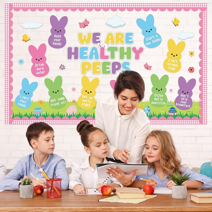 Easter Bunny Bulletin Board Set Easter Health Habits Bulletin Board Decoration Spring Bunny Cutouts Rabbit Good Habit Paper Cutout Spring Classroom Decoration for School Chalkboard Wall Decor Supplies