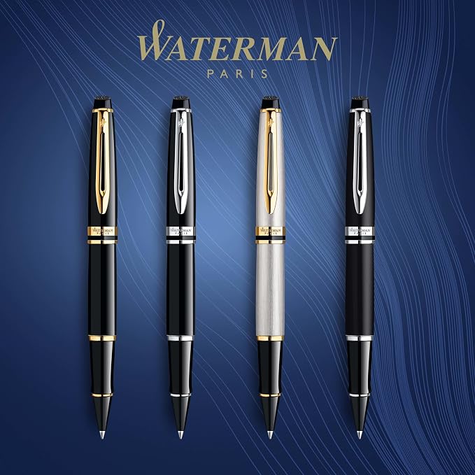 Waterman Expert Rollerball Pen Stainless Steel with 23k Gold Trim Fine Point Black Ink Gift Box