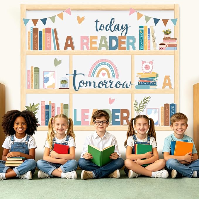 63Pcs Boho Reading Bulletin Board Decorations Set, Motivational Library Books Paper Cut-Outs Inspirational Affirmation Cutouts for Back to School Teacher Supplies Office Classroom Door Wall Decor