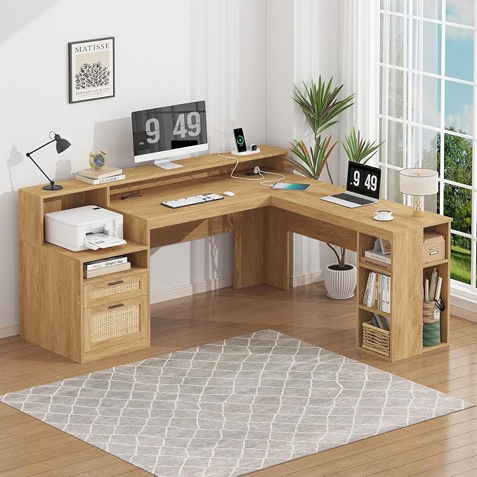 63" Rattan L Shaped Desk with Drawers & Storage Shelves for Home Office | Corner Desk with Power Outlets & LED Lights, L-Shaped Office Desks with File Drawer, Printer Shelf, Monitor Stand, Oak