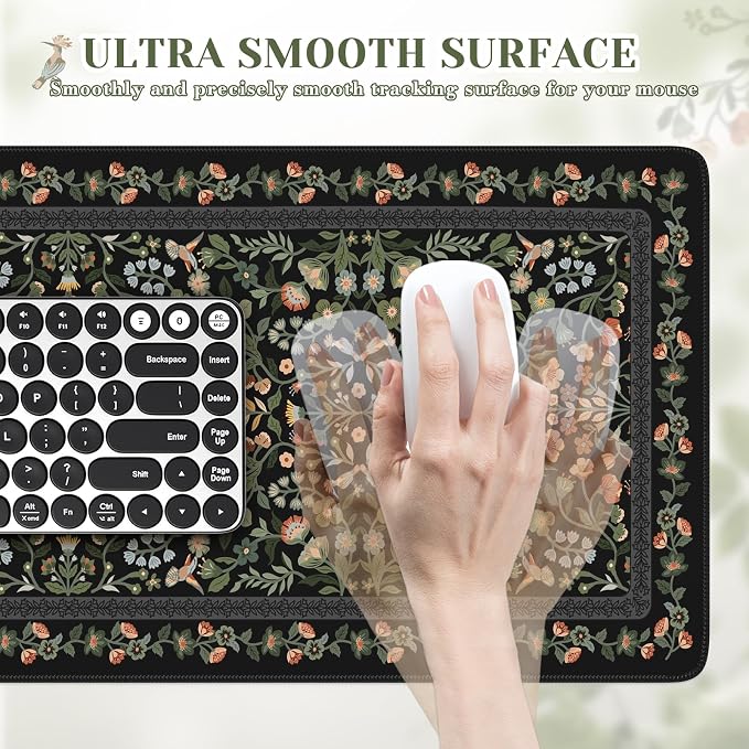 iCasso Aesthetic Floral Desk Mat,Retro Mouse Pads,31.5x11.8in, Black | Anti-Slip Mousepad with Stitched Edges, Waterproof Computer Pad, Desk Accessories Office Decor for Women